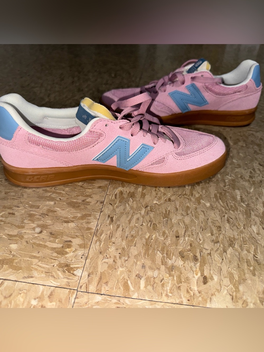 New Balance Pink Suede Sneakers with Light Blue Logo and Gum Sole